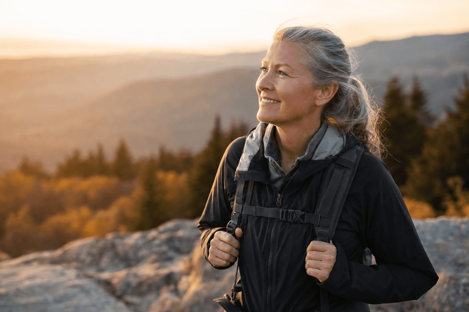 A smiling woman with silver hair hiking at golden hour, mountain ridges behind her